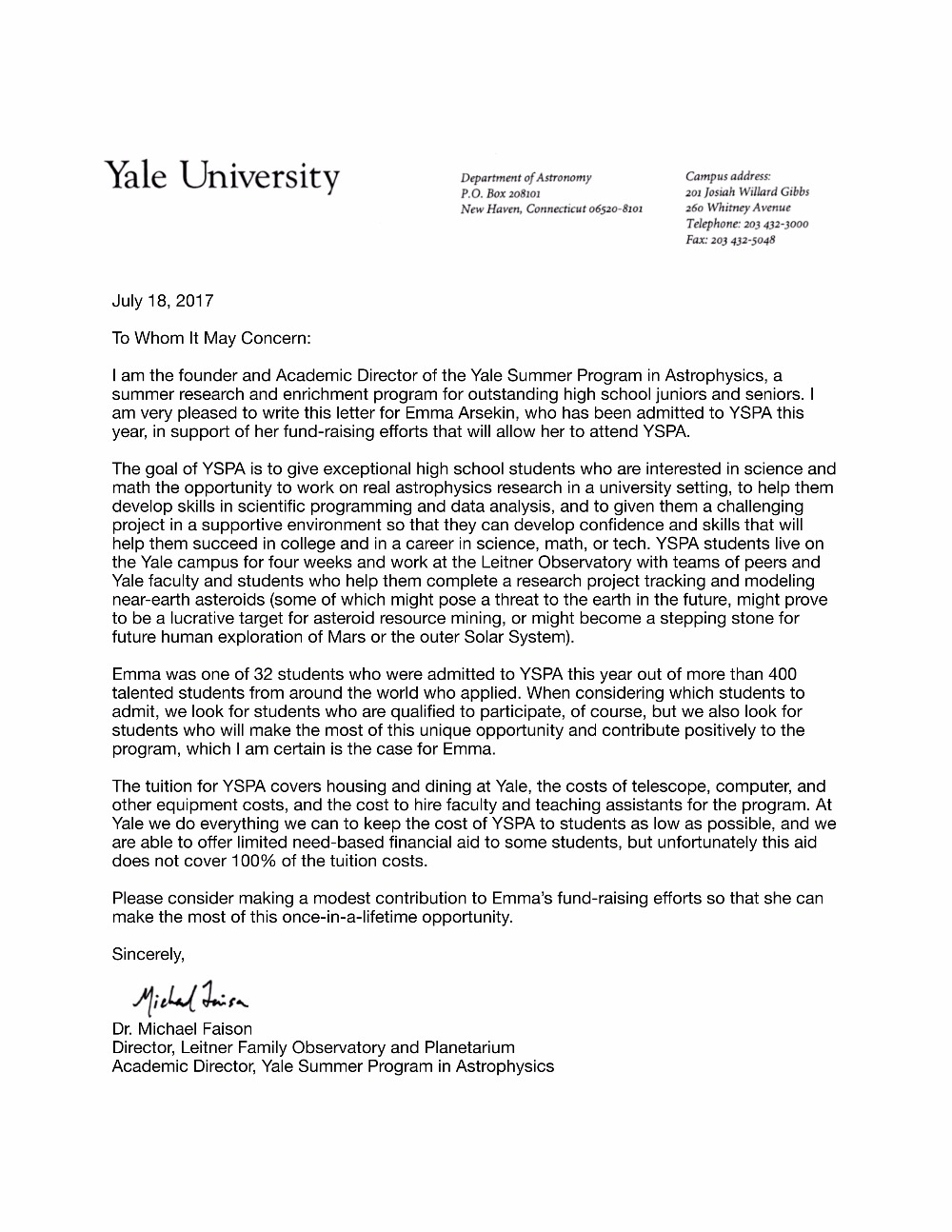 fundraiser by emma arsekin get emma to yale this summer yale acceptance letter